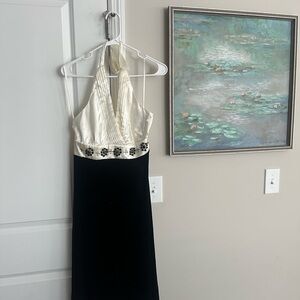 Vintage Signature by Robbie Bee Black Velvet and White Satin Beaded Midi Dress